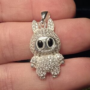 Labubu Sterling Silver, Moissanites, And Black Gemstone Eyes Charm Pendant